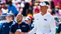Ole Miss head coach Lane Kiffin reacts to an official during a college football game between Ole Miss and LSU at Vaught-Hemingway Stadium in Oxford, Miss., on Saturday, Sept. 27, 2025.