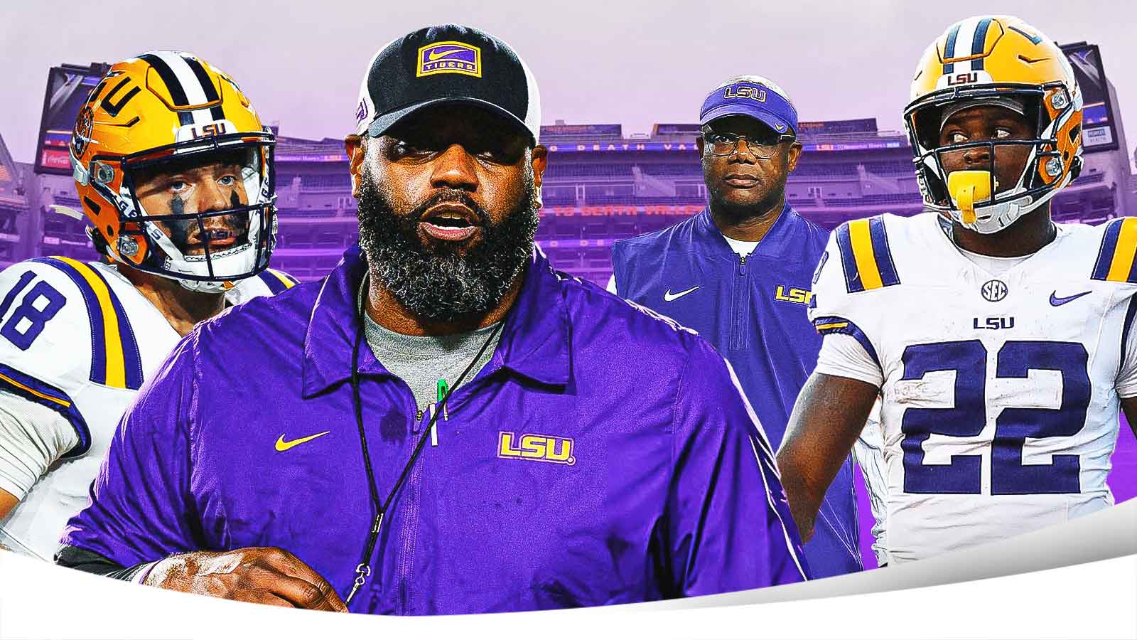 Garrett Nussmeier, Alex Atkins (coach in LSU gear), Frank Wilson (LSU interim coach), and Harlem Berry. LSU logo in the background.