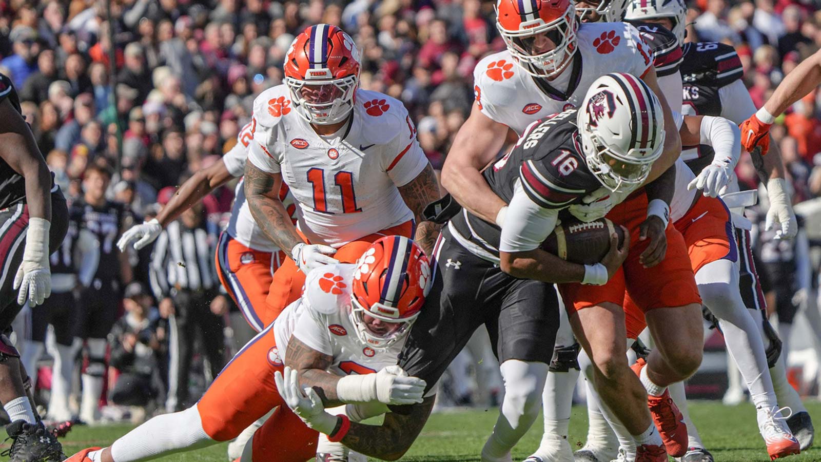 Clemson defensive end Will Heldt (13) sacks South Carolina quarterback LaNorris Sellers (16) during the first quarter at Williams-Brice Stadium in Columbia, S.C. Saturday, November 29, 2025.