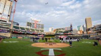 A general view of Target Field during the national Anthem with a flyover before a game between the Tampa Bay Rays and Minnesota Twins.