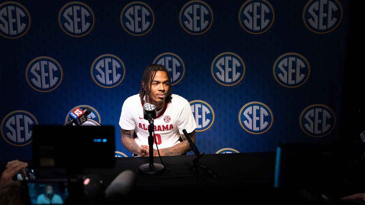 Alabama player Labaron Philon Jr. is interviewed at SEC Media Day in the Grand Bohemian Hotel.
