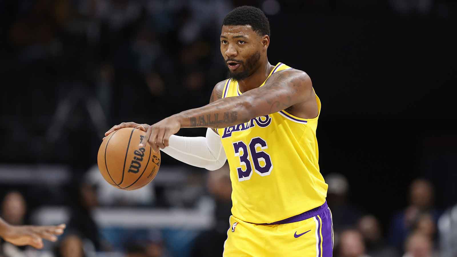 Lakers guard Marcus Smart (36) directs the offense during the second quarter against the Charlotte Hornets at Spectrum Center