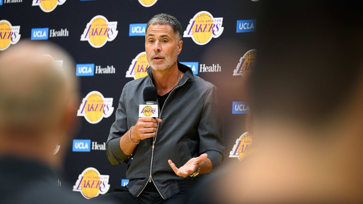 Los Angeles Lakers general manager Rob Pelinka speaks during a press conference to preview the 2025-26 season at UCLA Health Training Center.