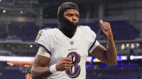 Baltimore Ravens quarterback Lamar Jackson (8) leaves the field after the game against the Minnesota Vikings at U.S. Bank Stadium.