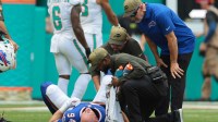 Buffalo Bills defensive end Landon Jackson (94) is tended to by trainers during the first half against the Miami Dolphins at Hard Rock Stadium.