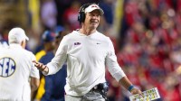 Mississippi Rebels head coach Lane Kiffin reacts after a play against the LSU Tigers during the second half at Tiger Stadium.