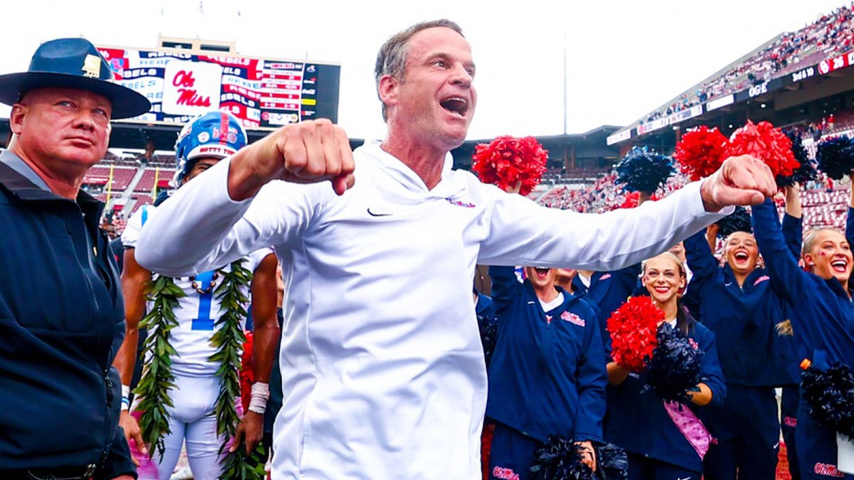 Oct 25, 2025; Norman, Oklahoma, USA; Ole Miss Rebels head coach Lane Kiffin celebrates with fans after the game against the Oklahoma Sooners at Gaylord Family-Oklahoma Memorial Stadium. Mandatory Credit: Kevin Jairaj-Imagn Images