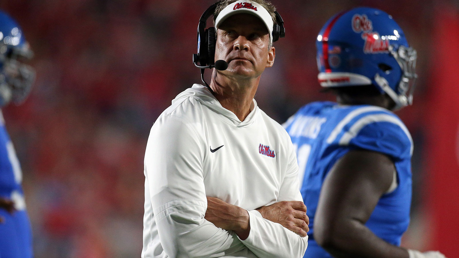 Mississippi Rebels head coach Lane Kiffin looks on during a time out during the first quarter against the Florida Gators at Vaught-Hemingway Stadium.