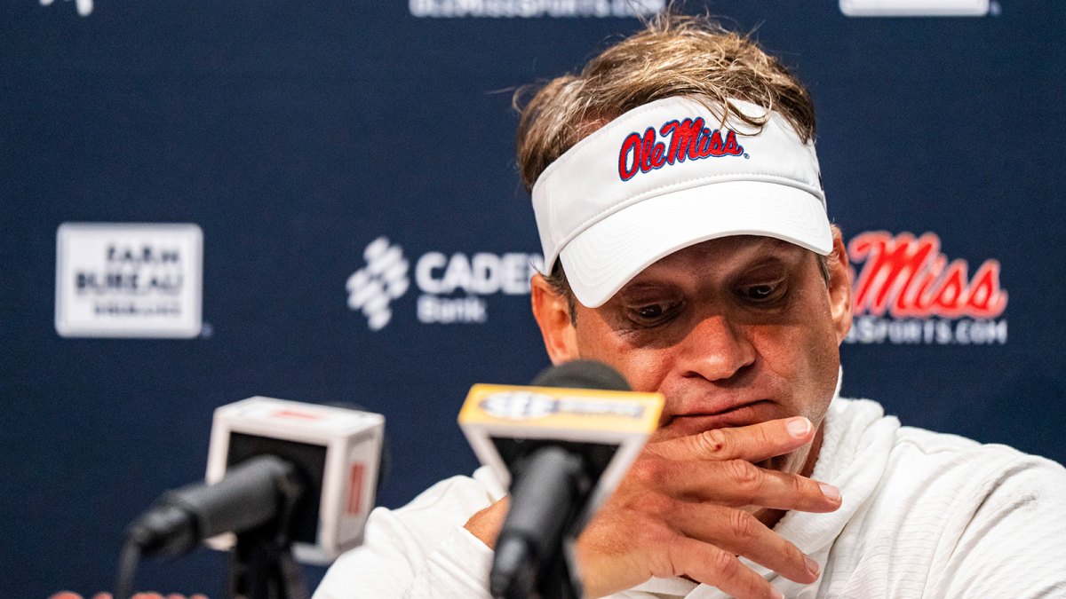 Ole Miss head coach Lane Kiffin answers questions from the press after a college football game between Mississippi State and Ole Miss at Davis Wade Stadium in Starkville, Miss., on Friday, Nov. 28, 2025. Ole Miss defeated Mississippi State 38-19 in the Egg Bowl.