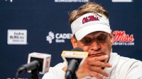 Ole Miss head coach Lane Kiffin answers questions from the press after a college football game between Mississippi State and Ole Miss at Davis Wade Stadium in Starkville, Miss., on Friday, Nov. 28, 2025. Ole Miss defeated Mississippi State 38-19 in the Egg Bowl.