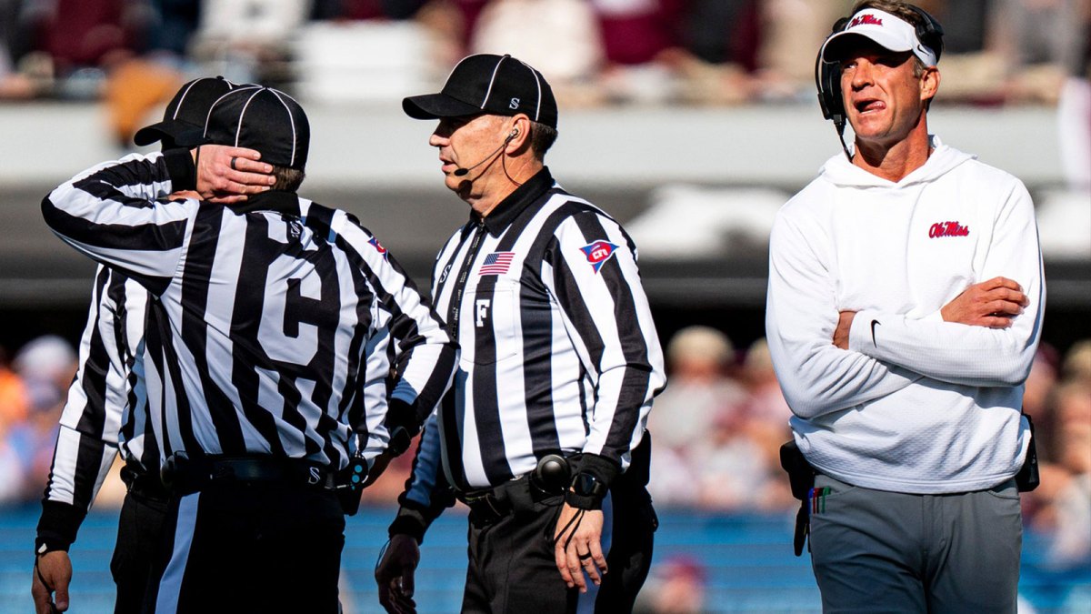 Ole Miss head coach Lane Kiffin walks away from officials during a college football game between Mississippi State and Ole Miss.