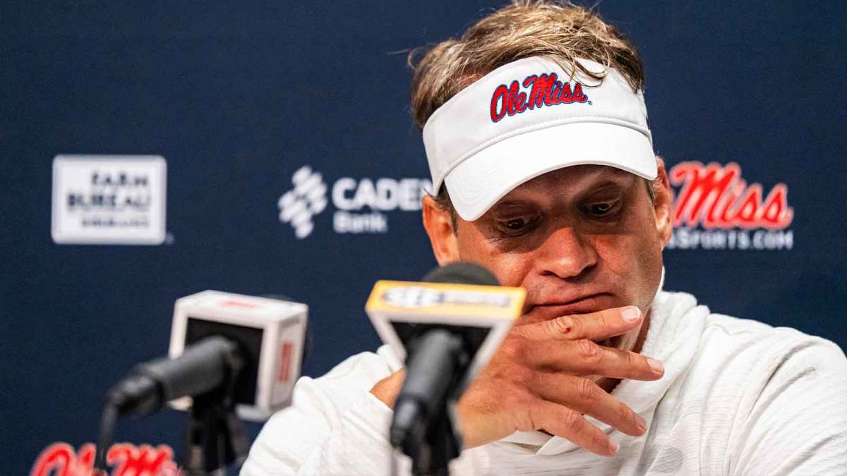 Ole Miss head coach Lane Kiffin answers questions from the press after a college football game between Mississippi State and Ole Miss at Davis Wade Stadium in Starkville, Miss., on Friday, Nov. 28, 2025. Ole Miss defeated Mississippi State 38-19 in the Egg Bowl.