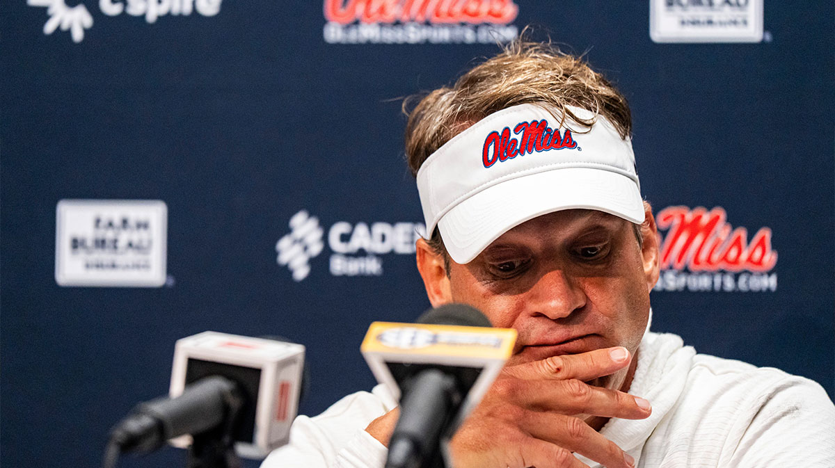 Ole Miss head coach Lane Kiffin answers questions from the press after a college football game between Mississippi State and Ole Miss.
