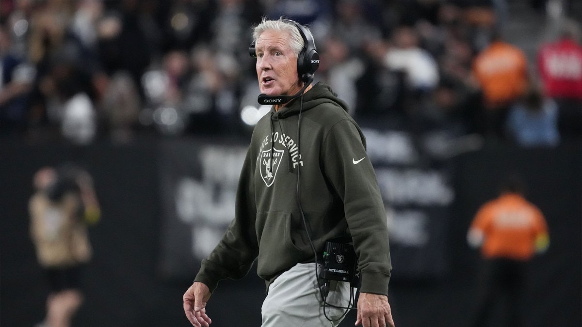 Las Vegas Raiders head coach Pete Carroll on the sidelines against the Dallas Cowboys during the first half at Allegiant Stadium.