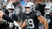 Las Vegas Raiders tight end Brock Bowers (89) celebrates after scoring a touchdown