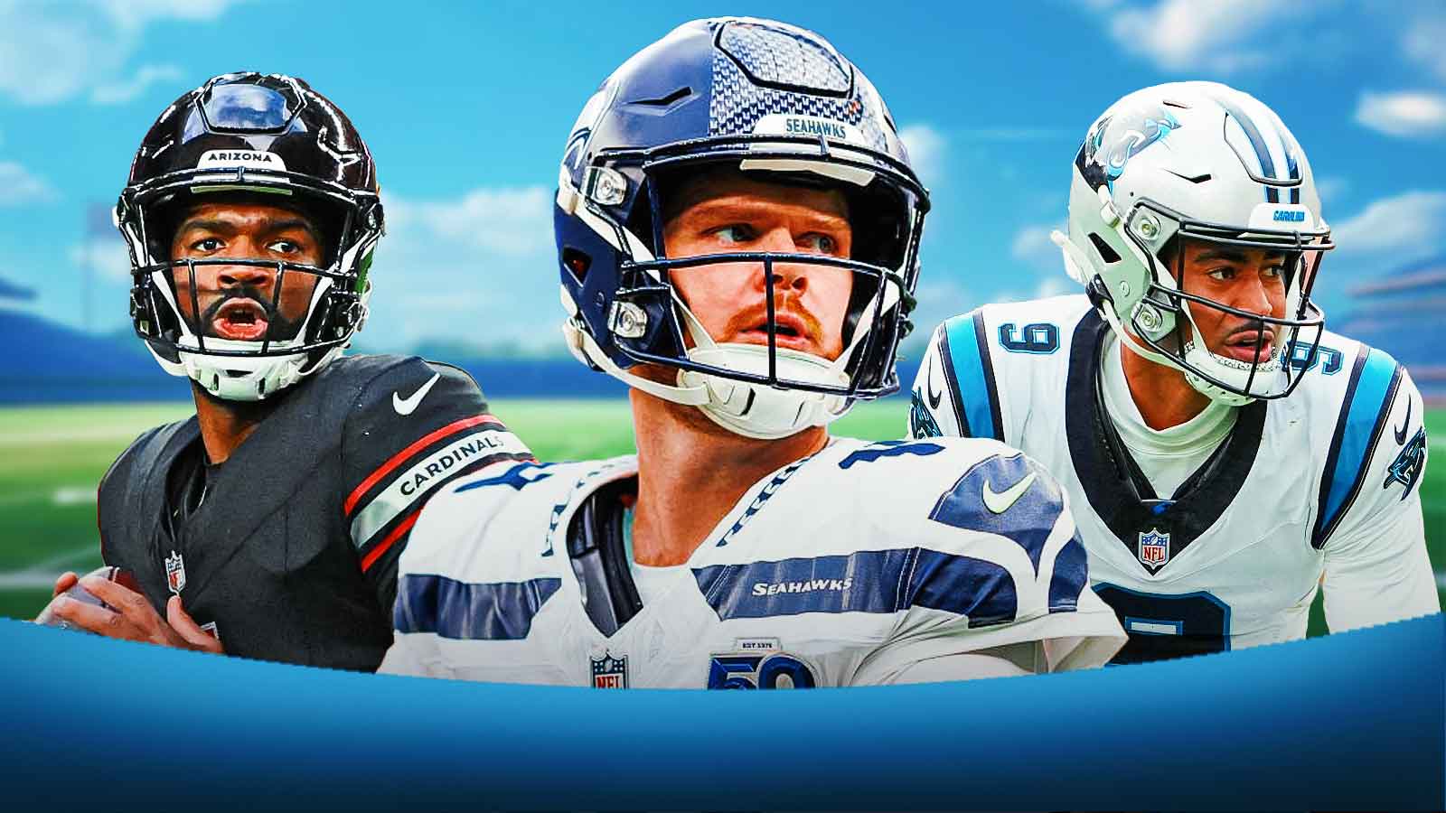 Jacoby Brissett, Sam Darnold, Bryce Young all beside each other, Blue skies in the background