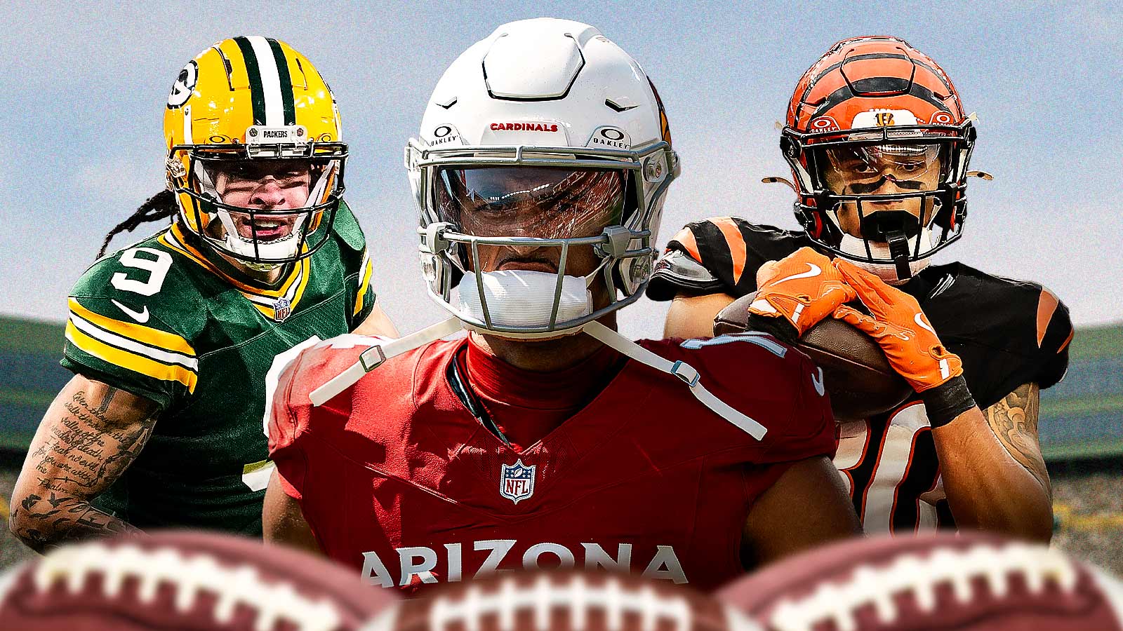 Michael Wilson, Christian Watson, Andrei Iosivas all beside each other, Blue skies in the background