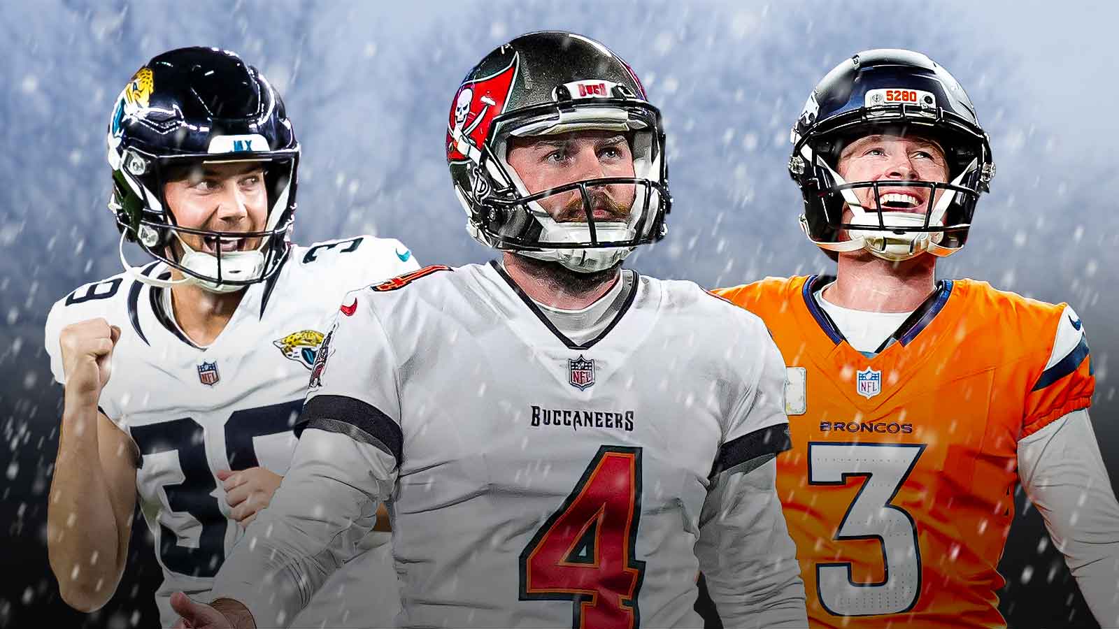 Chase McLaughlin, Cam Little, Wil Lutz all beside each other, Blizzard in the background