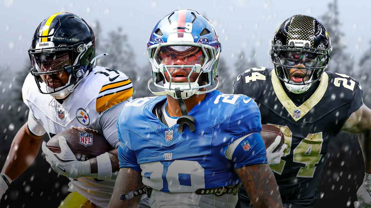 Tyrone Tracy Jr, Devin Neal, Kenneth Gainwell all beside each other, Blizzard in the background