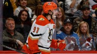 Anaheim Ducks center Leo Carlsson (91) celebrates after his goal in the first period against the Colorado Avalanche at Ball Arena.