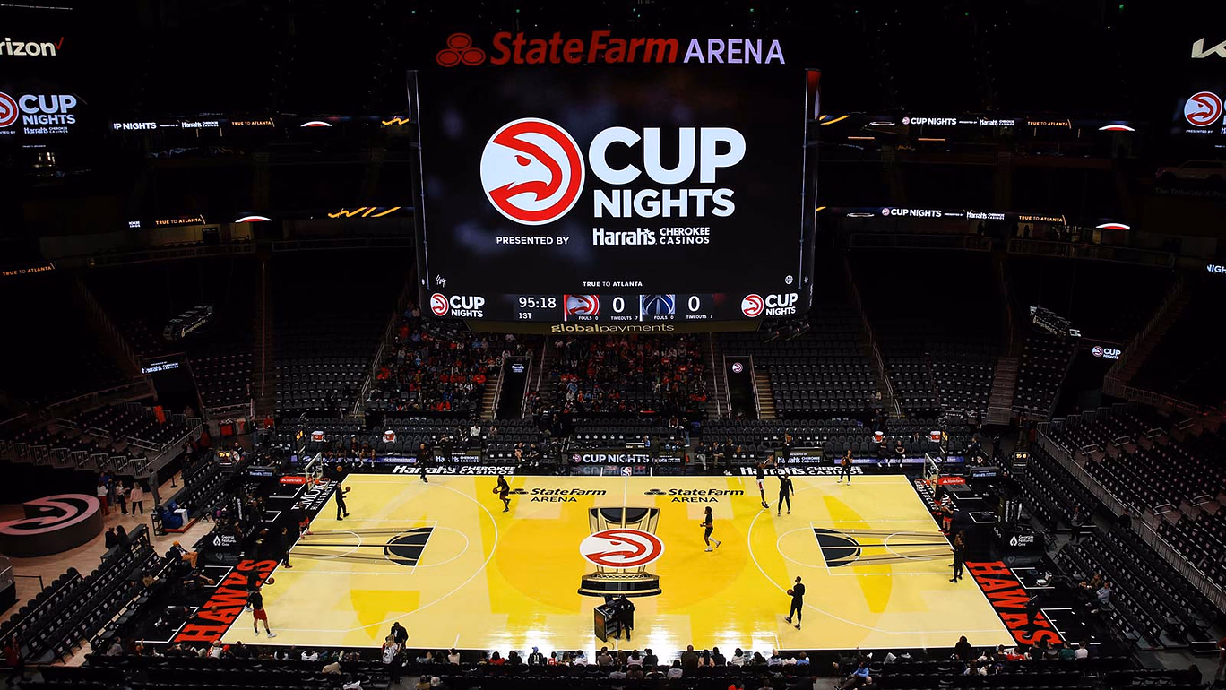 A general view of the NBA Cup floor during player warmups before the game between the Atlanta Hawks and the Washington Wizards at State Farm Arena.