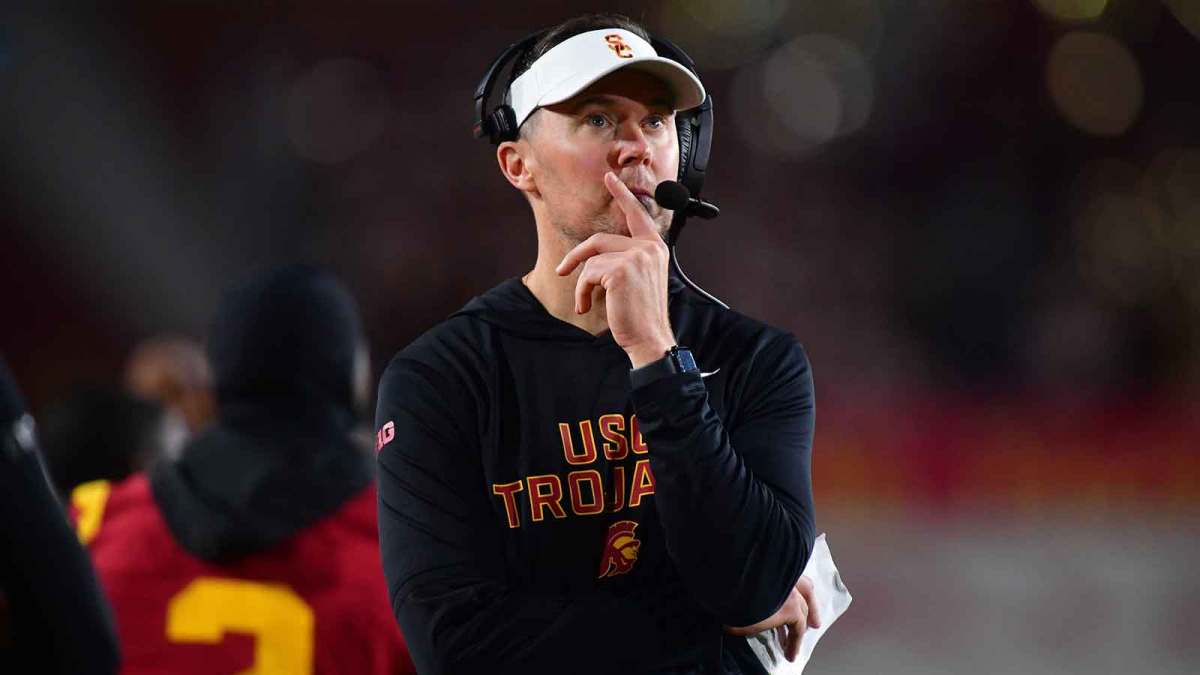 Southern California Trojans head coach Lincoln Riley watches game action against the Northwestern Wildcats during the second half at the Los Angeles Memorial Coliseum.