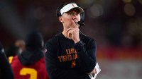 Southern California Trojans head coach Lincoln Riley watches game action against the Northwestern Wildcats during the second half at the Los Angeles Memorial Coliseum.