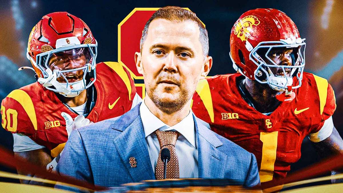 Lincoln Riley in the center, King Miller (USC running back), and Kameryn Crawford (USC Defensive end) on the outsides. USC logo in the background.