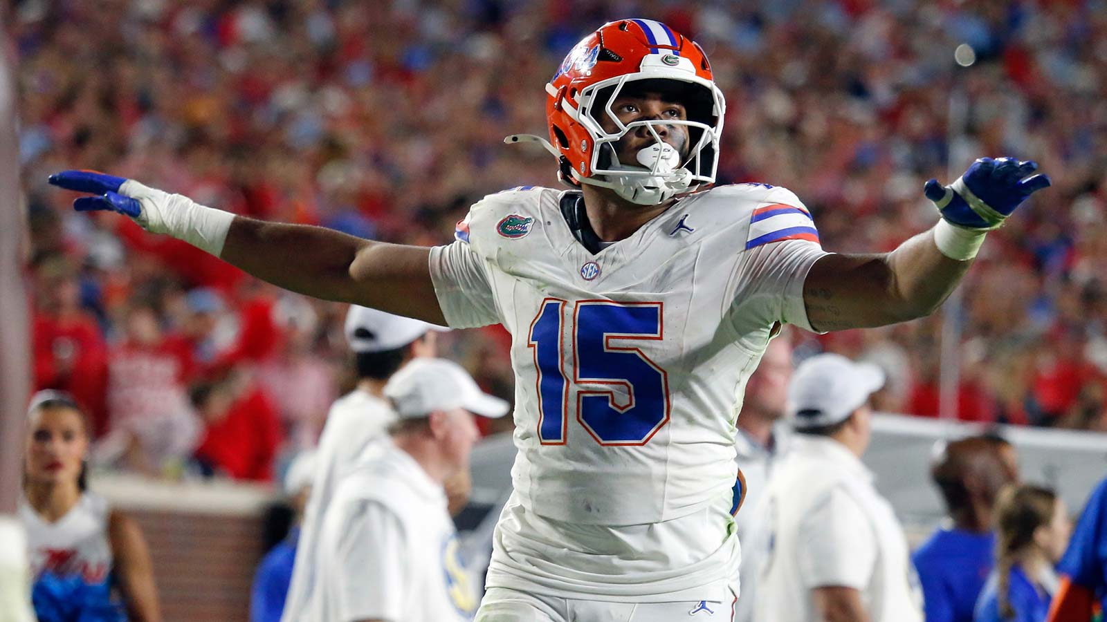 Florida Gators linebacker Jayden Woods (15) reacts after a pass break up during the fourth quarter against the Mississippi Rebels at Vaught-Hemingway Stadium.