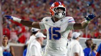 Florida Gators linebacker Jayden Woods (15) reacts after a pass break up during the fourth quarter against the Mississippi Rebels at Vaught-Hemingway Stadium.