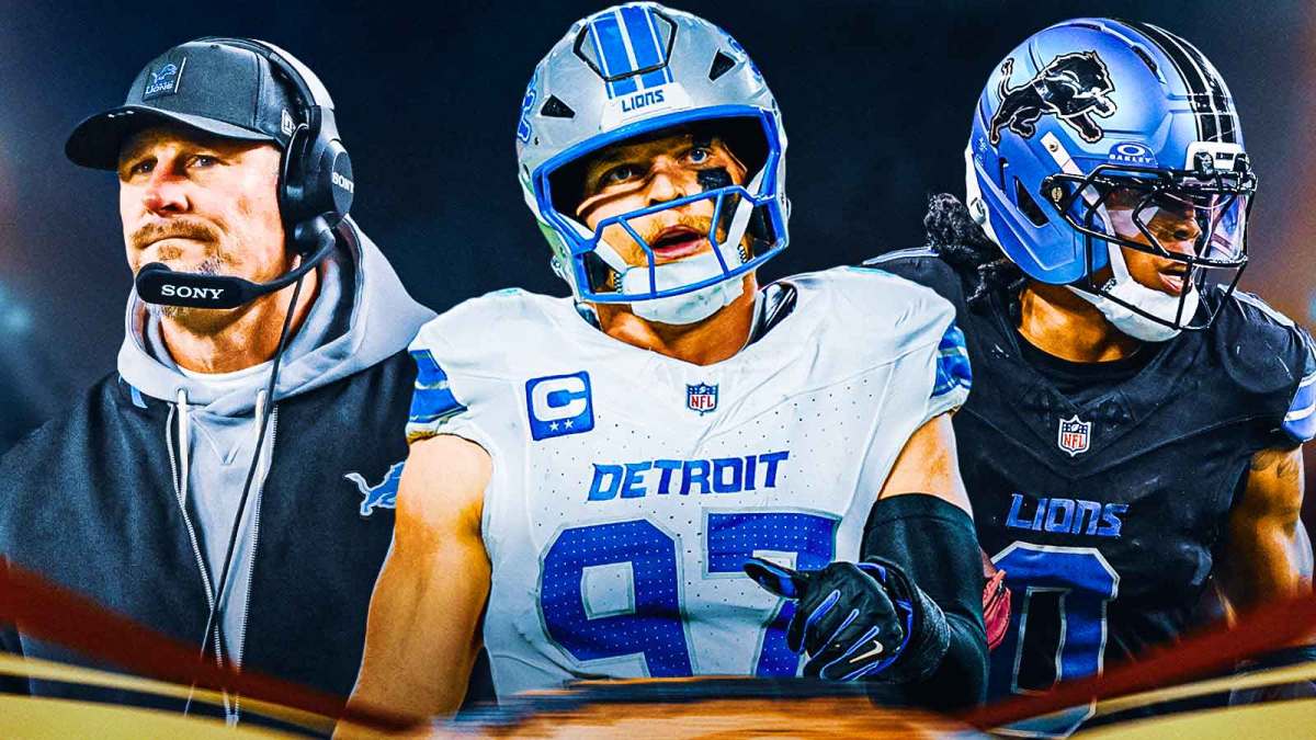 Jahmyr Gibbs Dan Campbell and Aidan Hutchinson