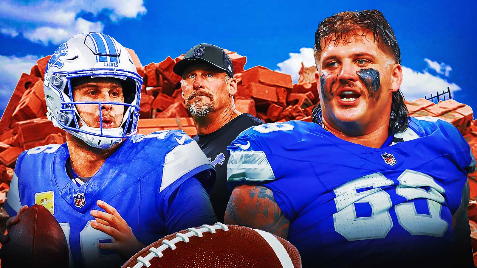 Jared Goff, Tate Ratledge, Dan Campbell, Pile of rubble in the background