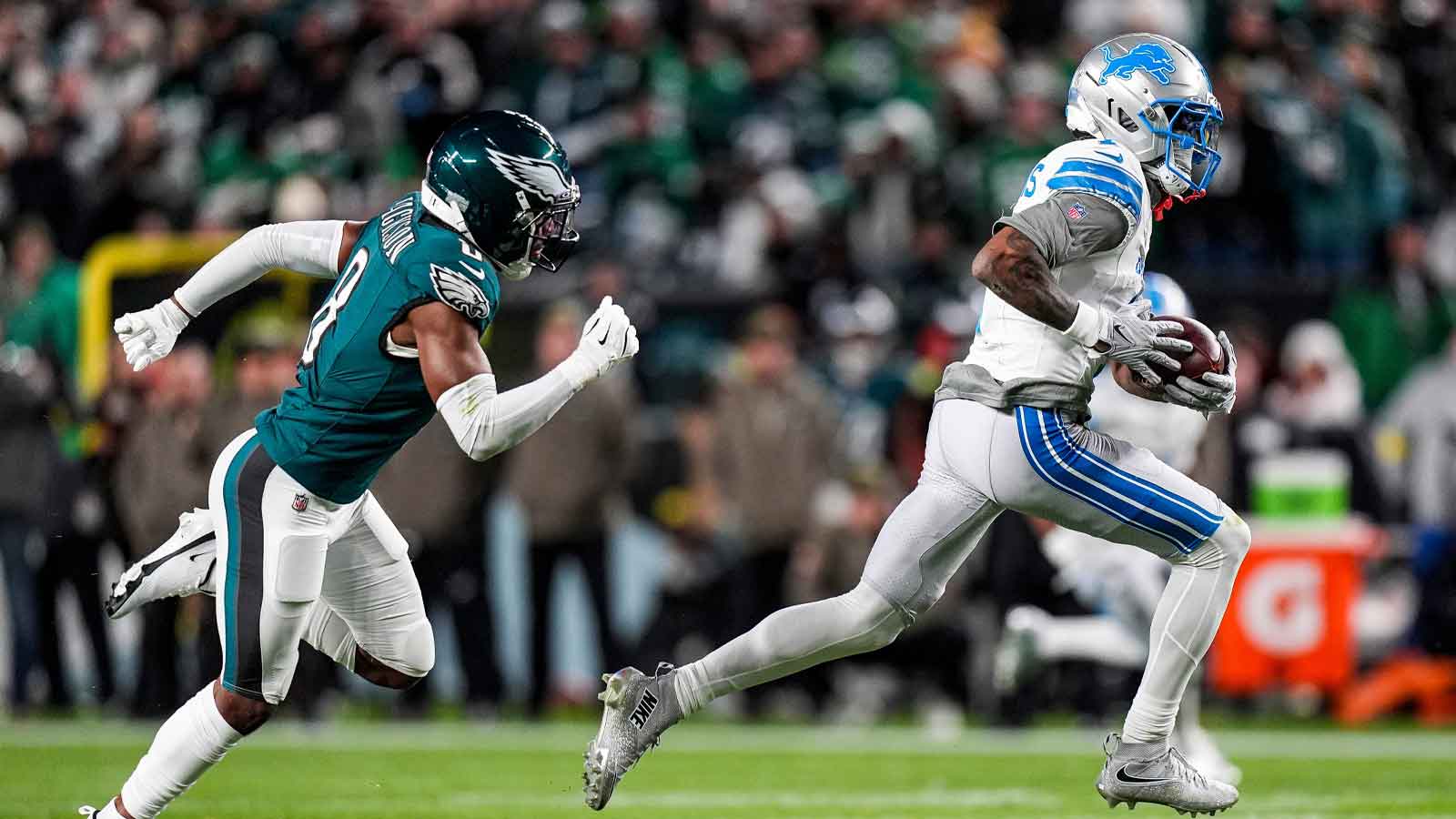 Detroit Lions wide receiver Jameson Williams (1) makes a catch against Philadelphia Eagles cornerback Adoree' Jackson (8) during the first half at Lincoln Financial Field in Philadelphia on Sunday, November 16, 2025.