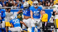 Detroit Lions linebacker Jack Campbell (46) celebrates a tackle against Green Bay Packers during the second half at Ford Field in Detroit on Thursday, Nov. 27, 2025.