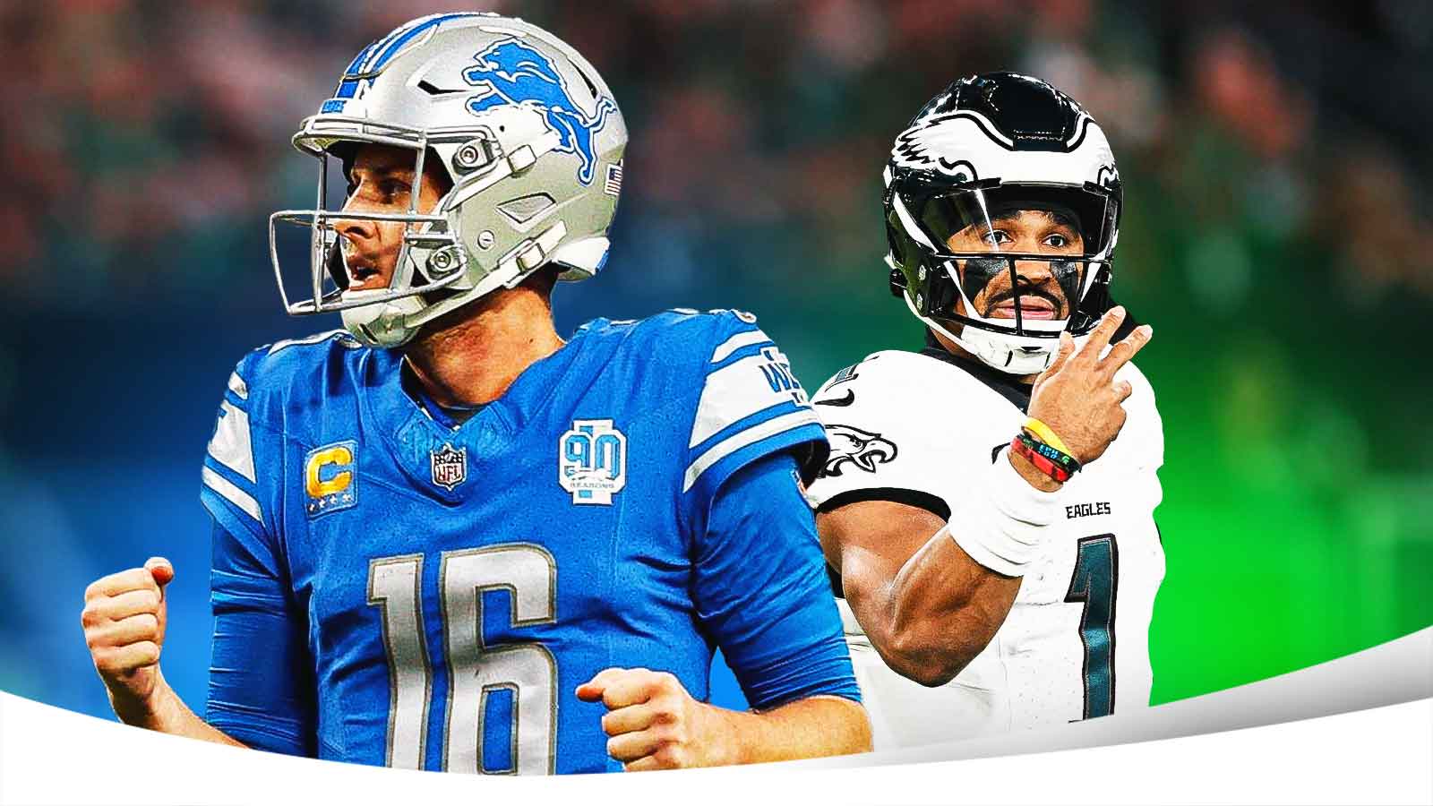 Jared Goff on one side, Jalen Hurts on the other side, NFL arena in the background