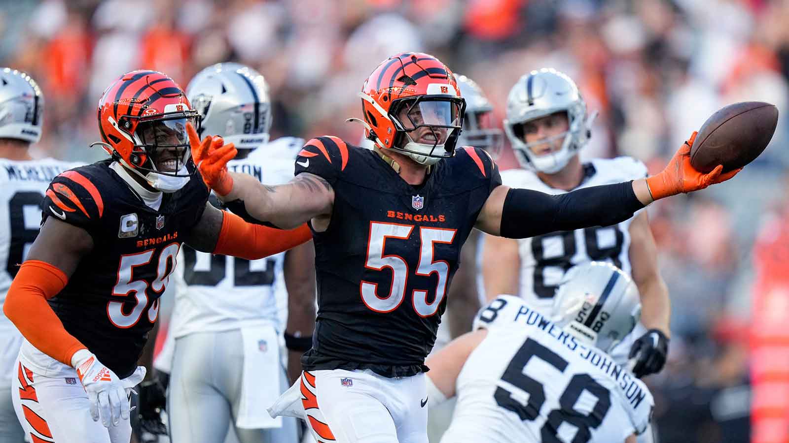 Cincinnati Bengals linebacker Logan Wilson (55) celebrates after recovering a fumble in the fourth quarter of the NFL Week 9 game between the Cincinnati Bengals and the Las Vegas Raiders at Paycor Stadium in downtown Cincinnati on Sunday, Nov. 3, 2024. The Bengals collected their first win at home with a 41-24 victory over the Raiders.