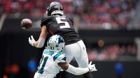 Atlanta Falcons wide receiver Drake London (5) catches the ball in the first half against the Carolina Panthers at Mercedes-Benz Stadium.