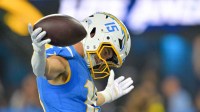 Los Angeles Chargers wide receiver Ladd McConkey (15) celebrates after scoring a touchdown against the Pittsburgh Steelers during the second quarter of the game at SoFi Stadium.