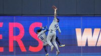Los Angeles Dodgers center fielder Andy Pages (44) makes a catch against the Toronto Blue Jays in the ninth inning for game seven of the 2025 MLB World Series at Rogers Centre. Mandatory Credit: Nick Turchiaro-Imagn Images
