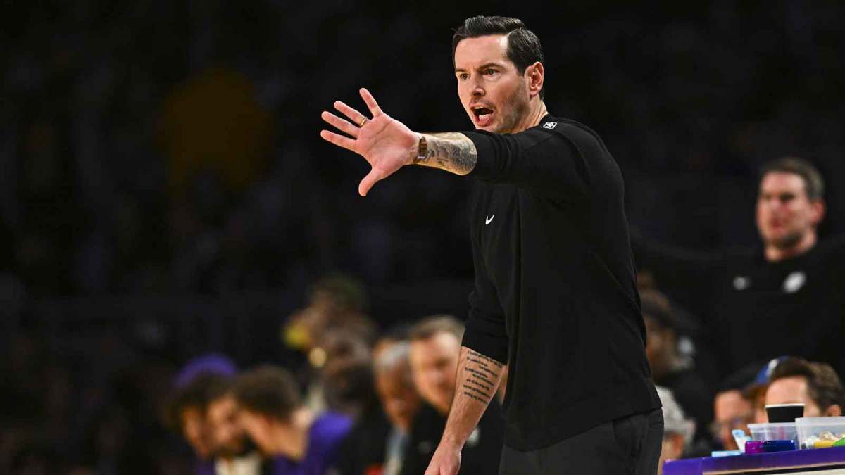 Los Angeles Lakers Head Coach JJ Redick reacts during the game against the Miami Heat during the first half at Crypto.com Arena.