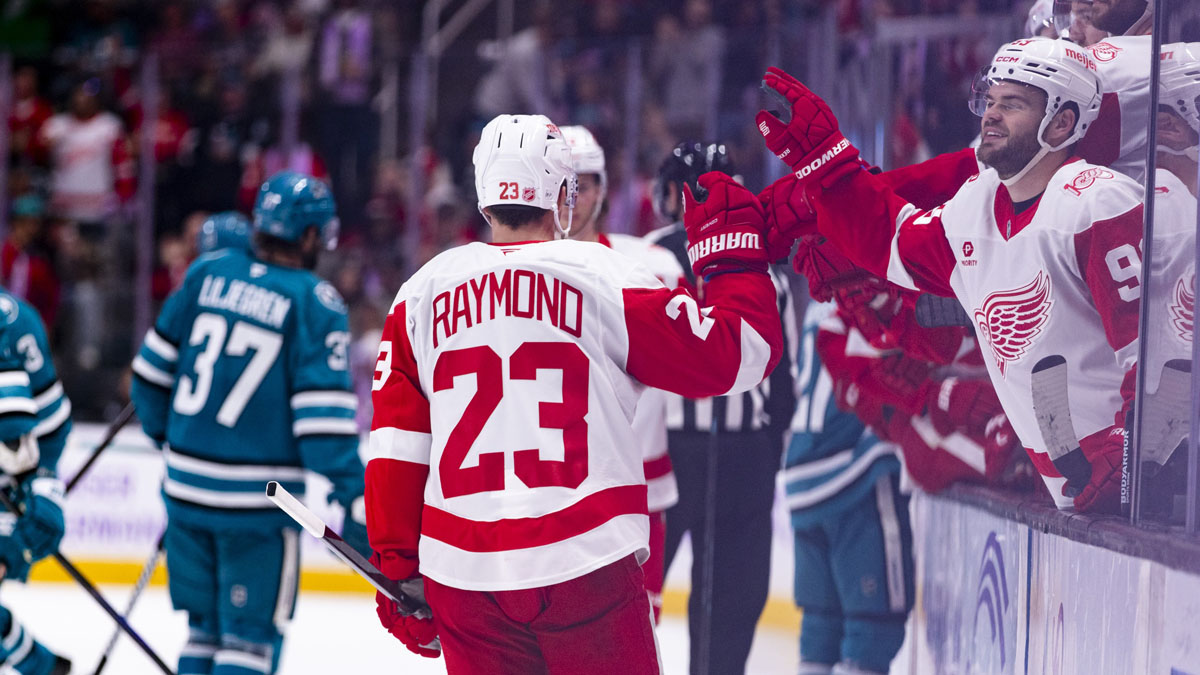 Detroit Red Wings left wing Lucas Raymond (23) celebrates with bench players after scoring against the San Jose Sharks during the second period at SAP Center at San Jose.