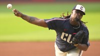 Cleveland Guardians starting pitcher Luis Ortiz (45) delivers a pitch in the first inning against the St. Louis Cardinals at Progressive Field.