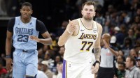 Los Angeles Lakers guard Luka Doncic (77) reacts during the fourth quarter against the Memphis Grizzlies at FedExForum.