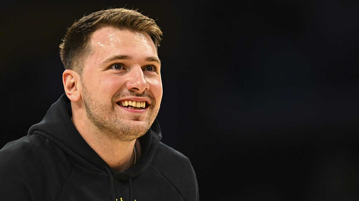 Los Angeles Lakers guard Luka Doncic (77) reacts before the game against the Miami Heat at Crypto.com Arena.