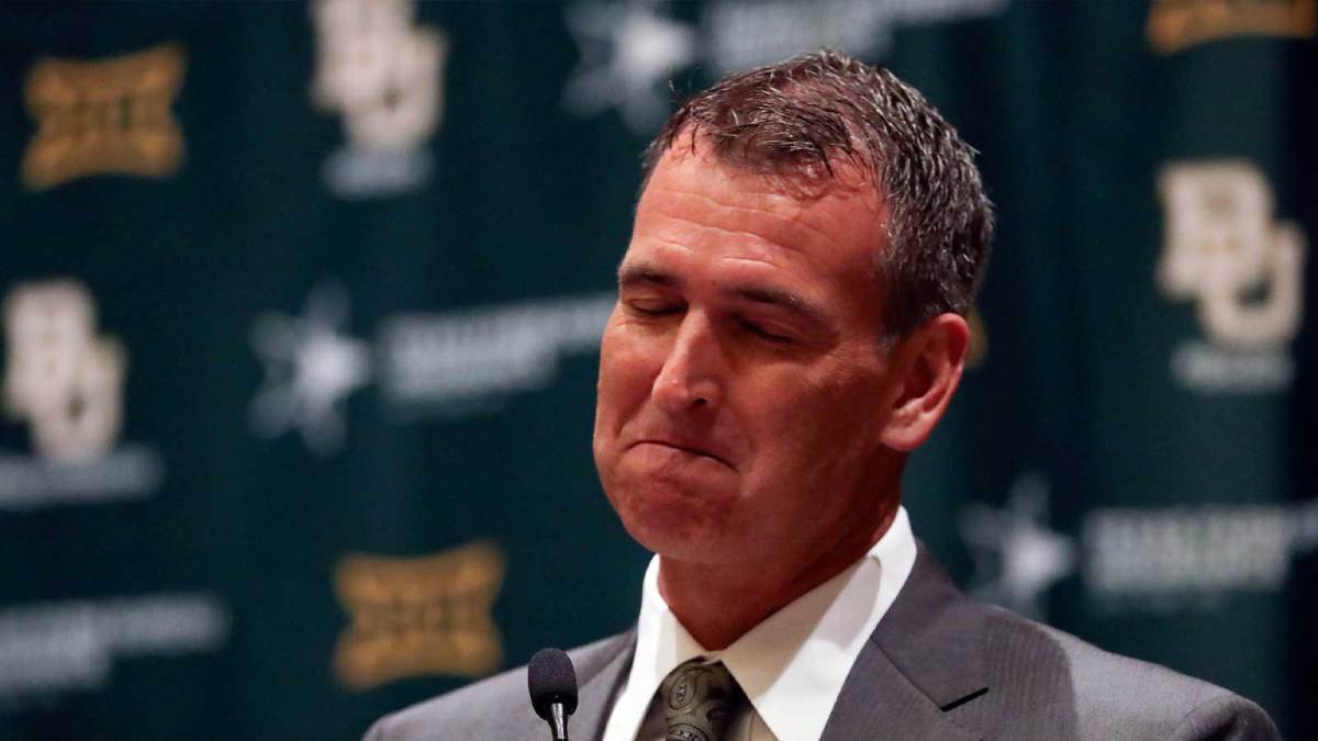 Baylor Bears new athletic director Mack Rhoades reacts at a press conference during the Big 12 Media Days at Omni Dallas Hotel.