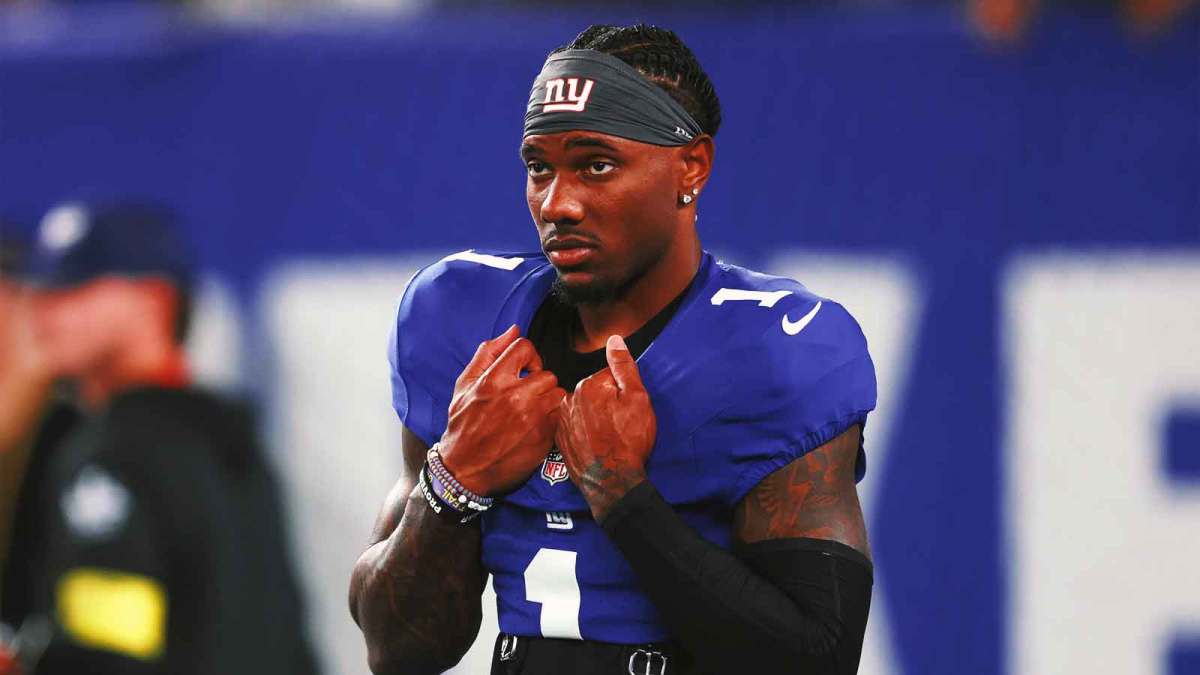New York Giants wide receiver Malik Nabers (1) looks on before the game against the Kansas City Chiefs at MetLife Stadium.