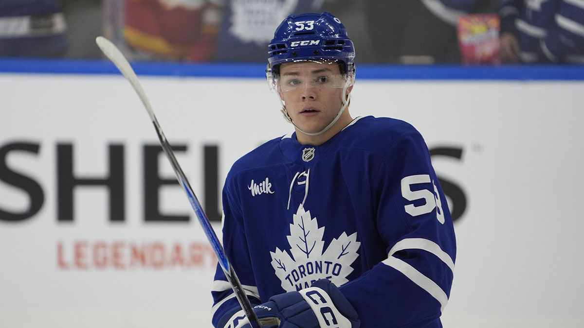 Toronto Maple Leafs forward Easton Cowan (53) skates during warm up before a game against the Calgary Flames at Scotiabank Arena.