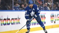 Toronto Maple Leafs forward William Nylander (88) skates with the puck against the St. Louis Blues in the third period at Scotiabank Arena.