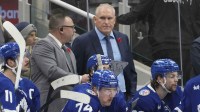 Toronto Maple Leafs head coach Craig Berube scowls on the bench after a goal by the Carolina Hurricanes during the third period at Scotiabank Arena.