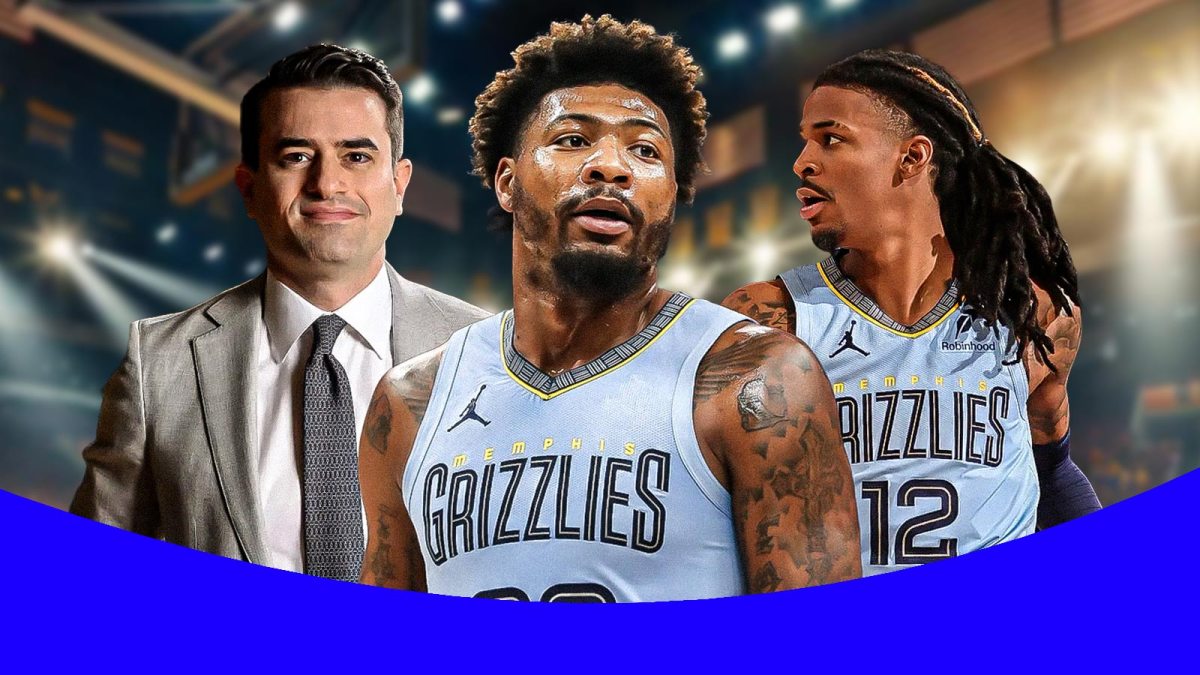 Marcus Smart looking angry in a Grizzlies uniform next to Grizzlies GM Zach Kleiman and Grizzlies' Ja Morant in the background